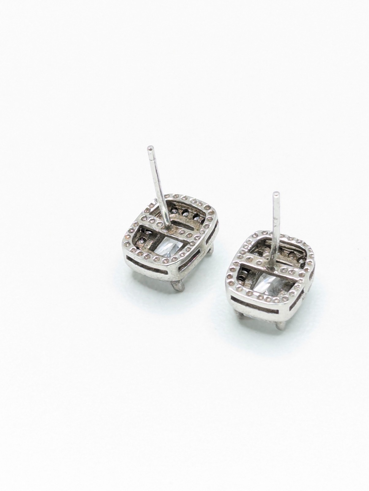 Sterling Silver 925 Halo Stud Earrings Rectangular Clear CZ Push Back 2.8g