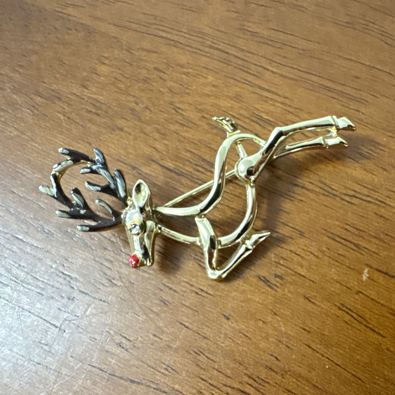 Gold Tone Reindeer Brooch Pin Metal, Black Antlers, Animals & Insects Theme