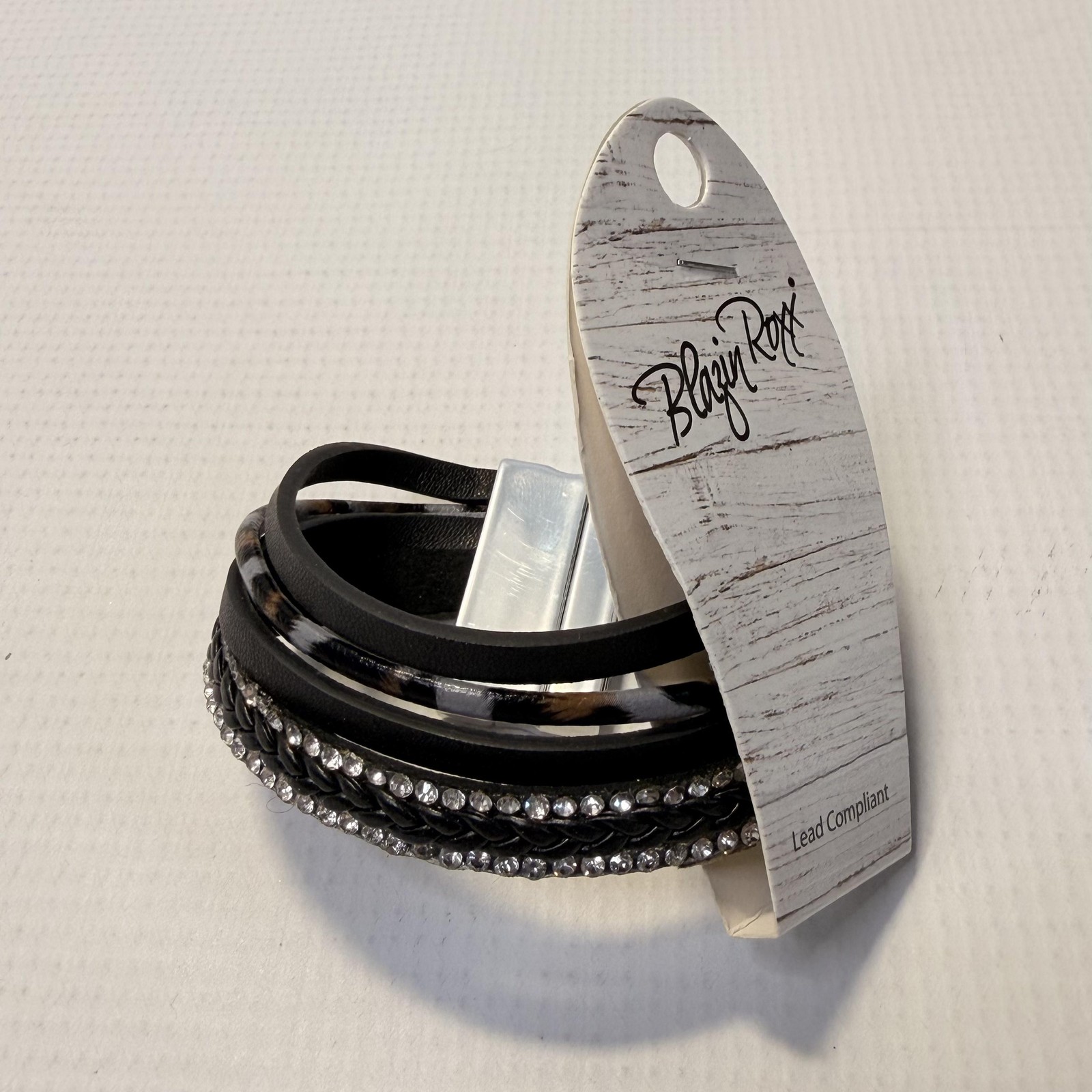 Blazin Roxx Bracelet Wrap Black Faux Leather Crystal Rhinestone Womens Magnetic