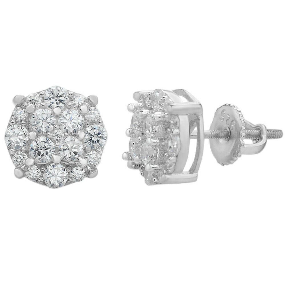 Real Solid 925 Silver Iced Simulated Diamonds Earrings 1/3″ Cluster Round Studs