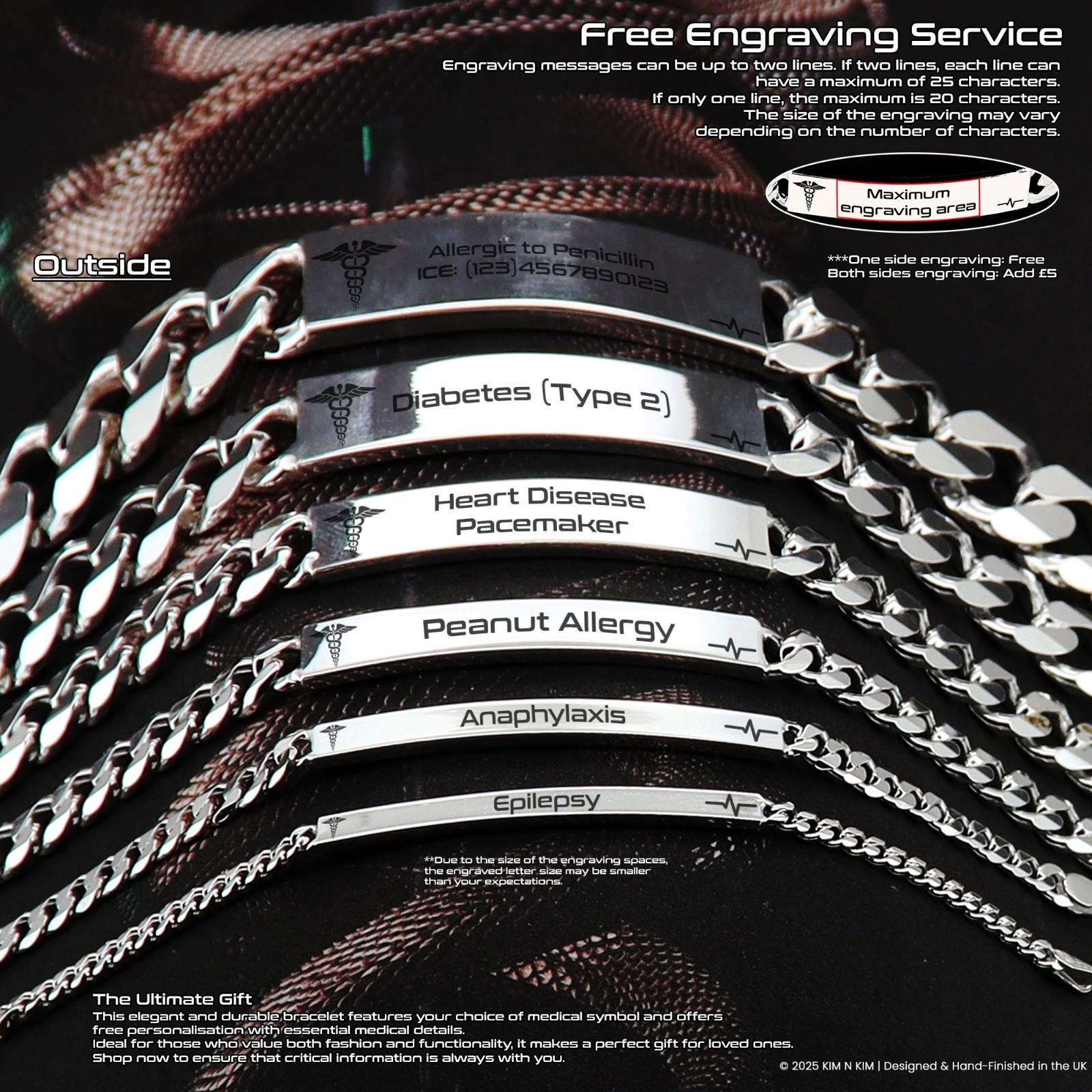 Personalised Medical Alert Bracelet 925 Sterling Silver Engraved ID Diabetes All