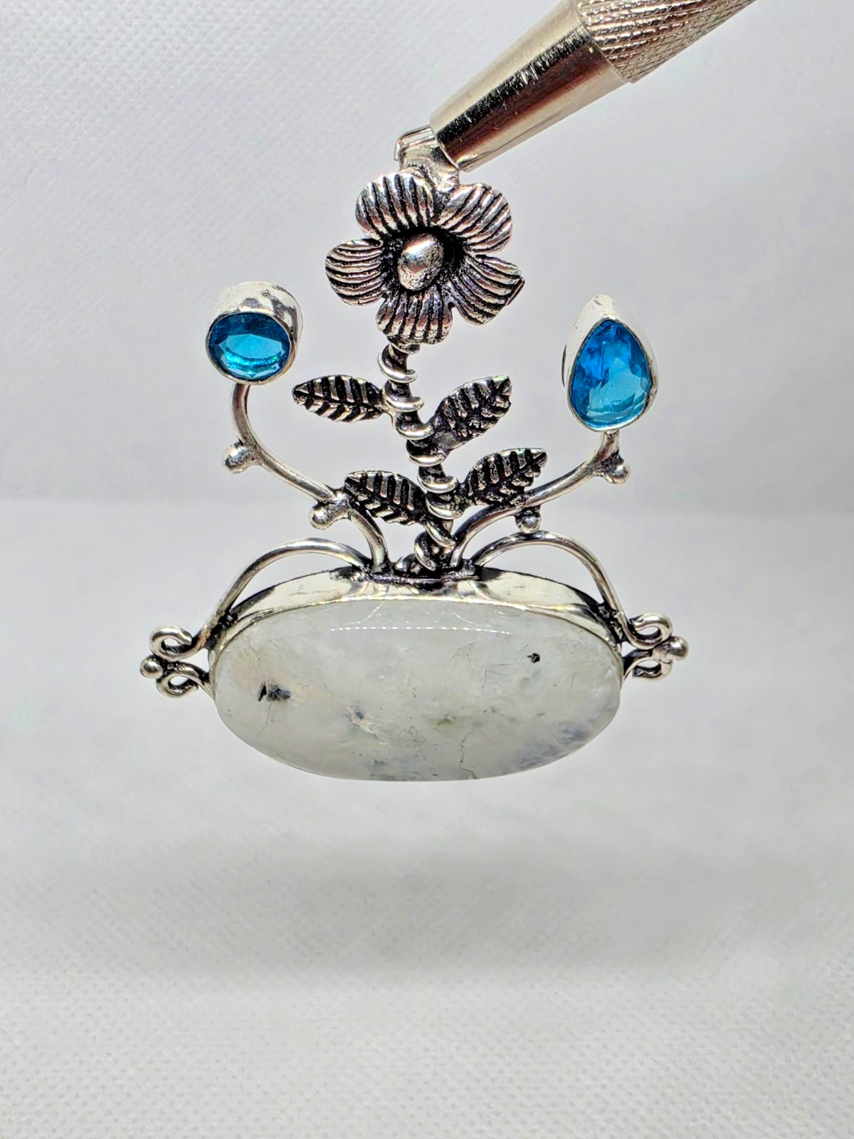 Flower Rainbow Moonstone Blue Topaz 925 Silver Plated Pendant 2.2″
