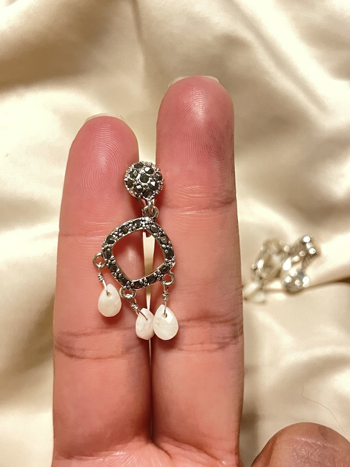 Vintage Monet Silver Tone Asymmetrical White Bead Drop Dangle Clip-On Earrings