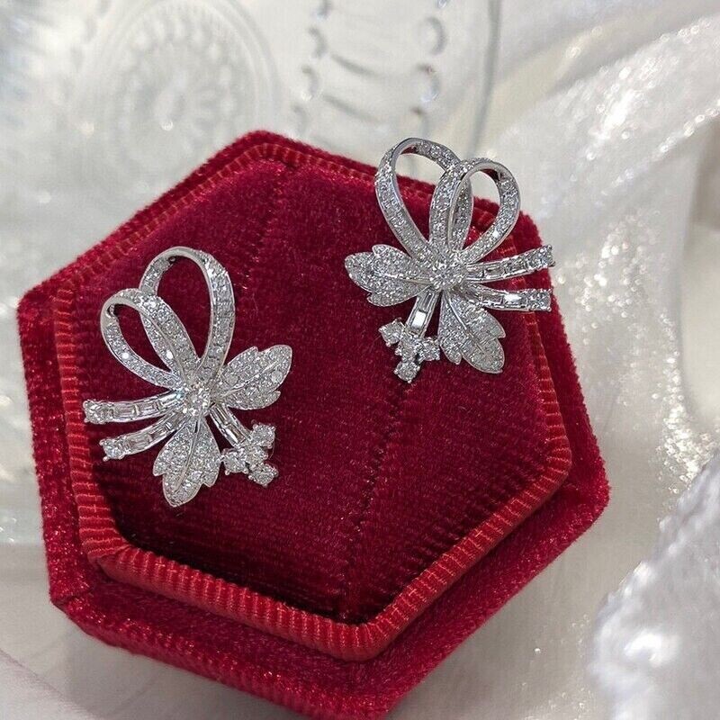 2.00 Ct Round Cut Simulated Diamond Bowknot Stud Earrings 14K White Gold Plated