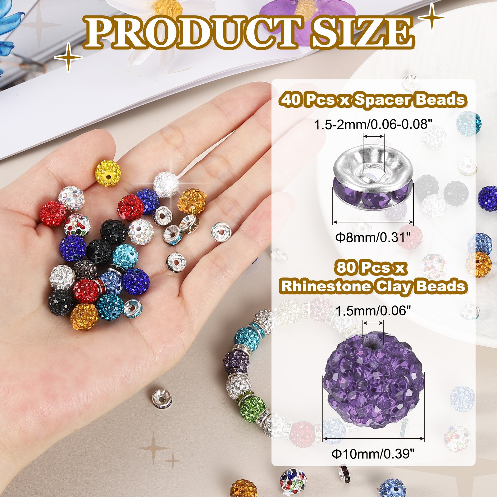 120Pcs Rhinestone Beads, 10mm Bead/8mm Crystal Spacer (Lotus Purple)