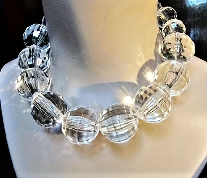 Chunky Clear Acrylic Statement Necklace 21″ – Huge 1 inch + Faux Crystal Beads