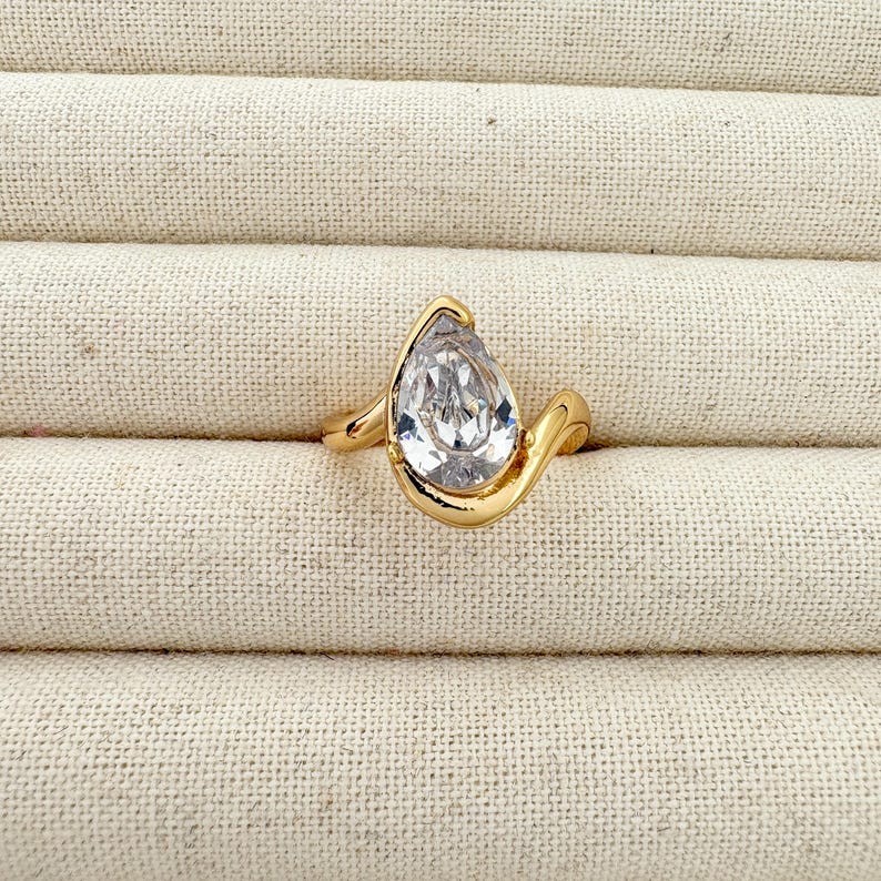 Pear Shape Moissanite Bypass 14K Gold Plated Teardrop Engagement Ring