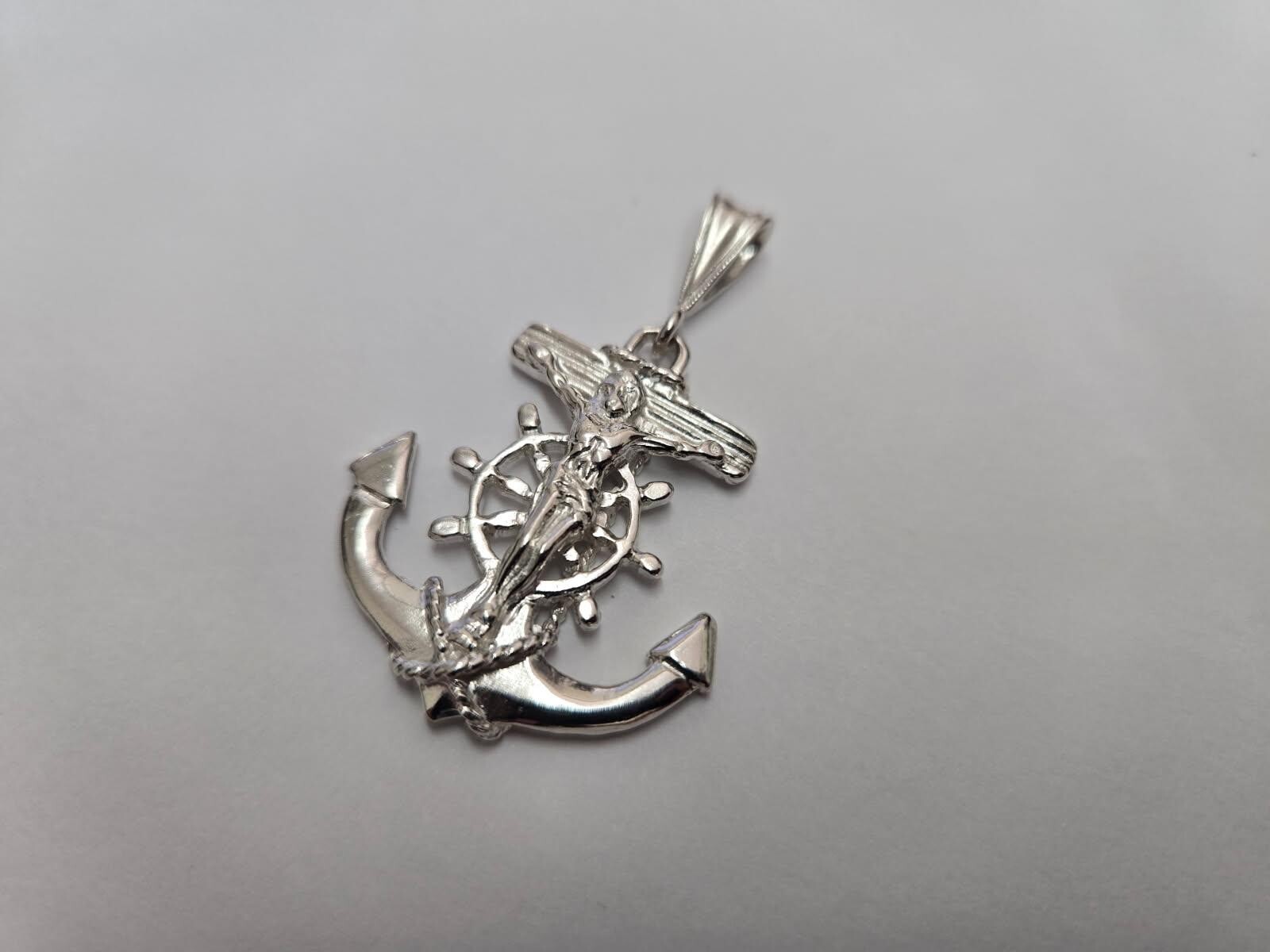 925 Sterling Silver Anchor Mariner Crucifix Cross Pendant 1 1/4 Inch (31mm)