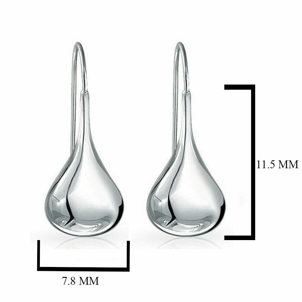 Sterling Silver 925 Solid Classic Puffed Teardrop Hook Dangle Earrings Women