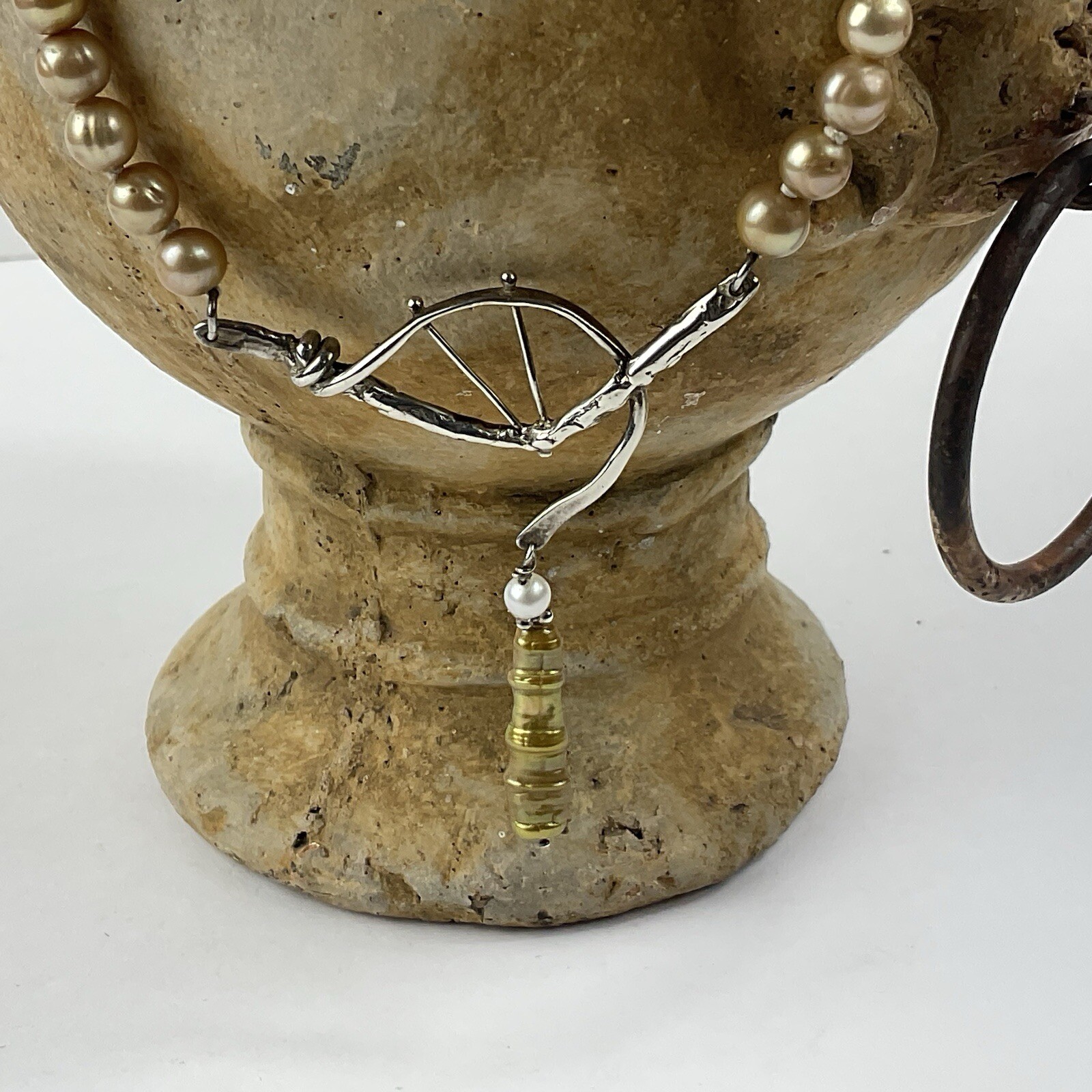 Artisan Sterling Silver Baroque Dangle Pendant Necklace Golden Pearl Near Round