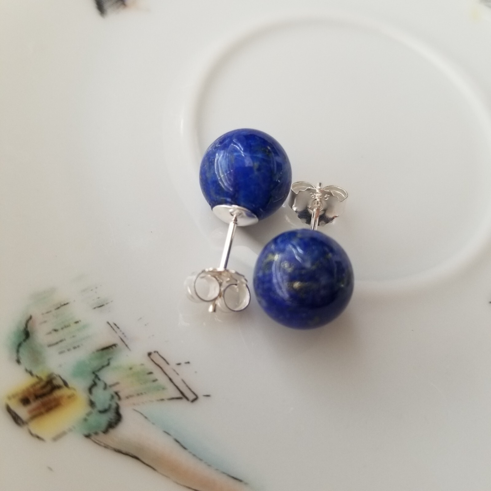 Solid 925 Sliver Natural Blue Lapis Lazuli 10mm Round Ball Stud Earrings