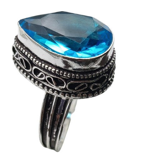 Blue Topaz Hydro Gemstone Antique Silver Plated Ring US Size-8.5 A 1344