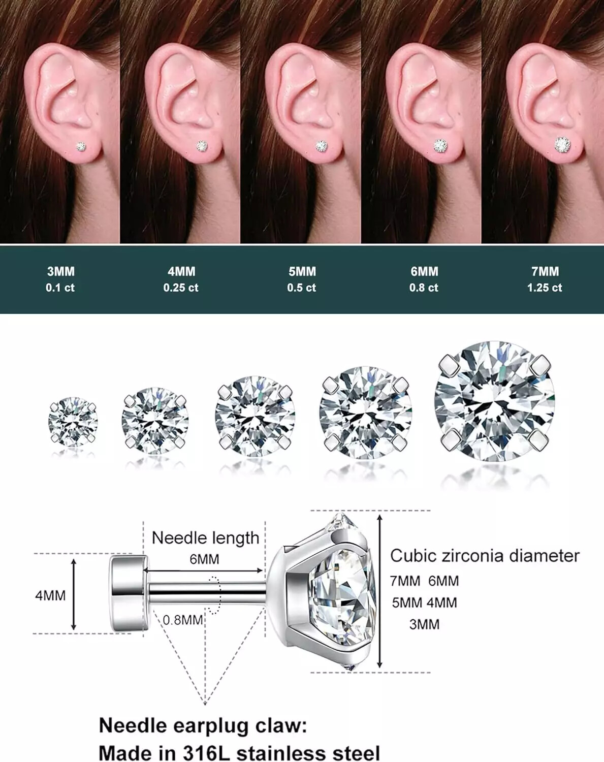 Hypoallergenic Silver Stainless Steel Round CZ Stud Earrings Screw Back PE31