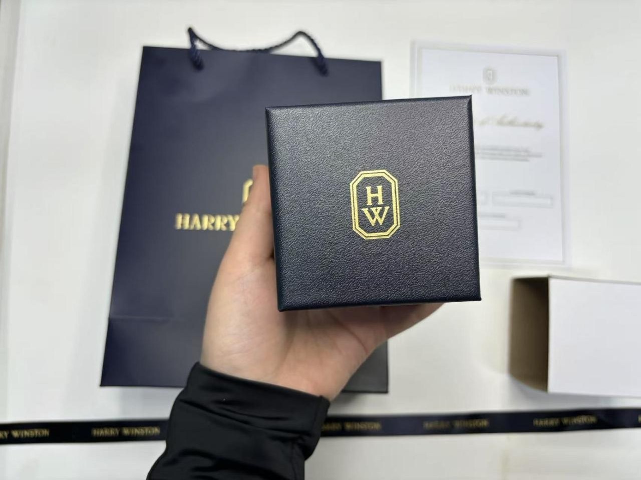 Harry Winston Genuine Ring case Jewelry Navy Leather empty case Gift Box
