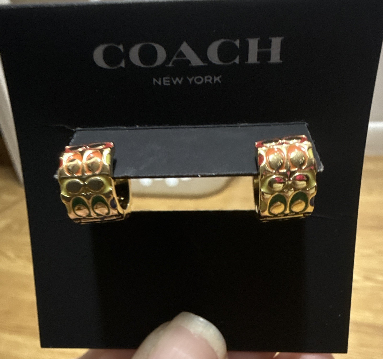 Coach Gold Tone Multicolor Enamel Hinged Huggie Hoop Earrings No Stone