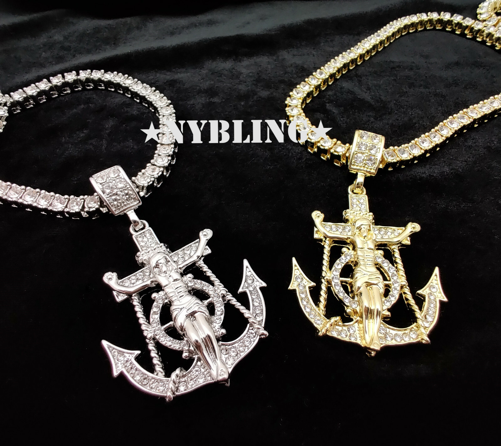 ICED Jesus Anchor Pendant with Tennis Chain Necklace Plated Hip Hop CZ Jewelry
