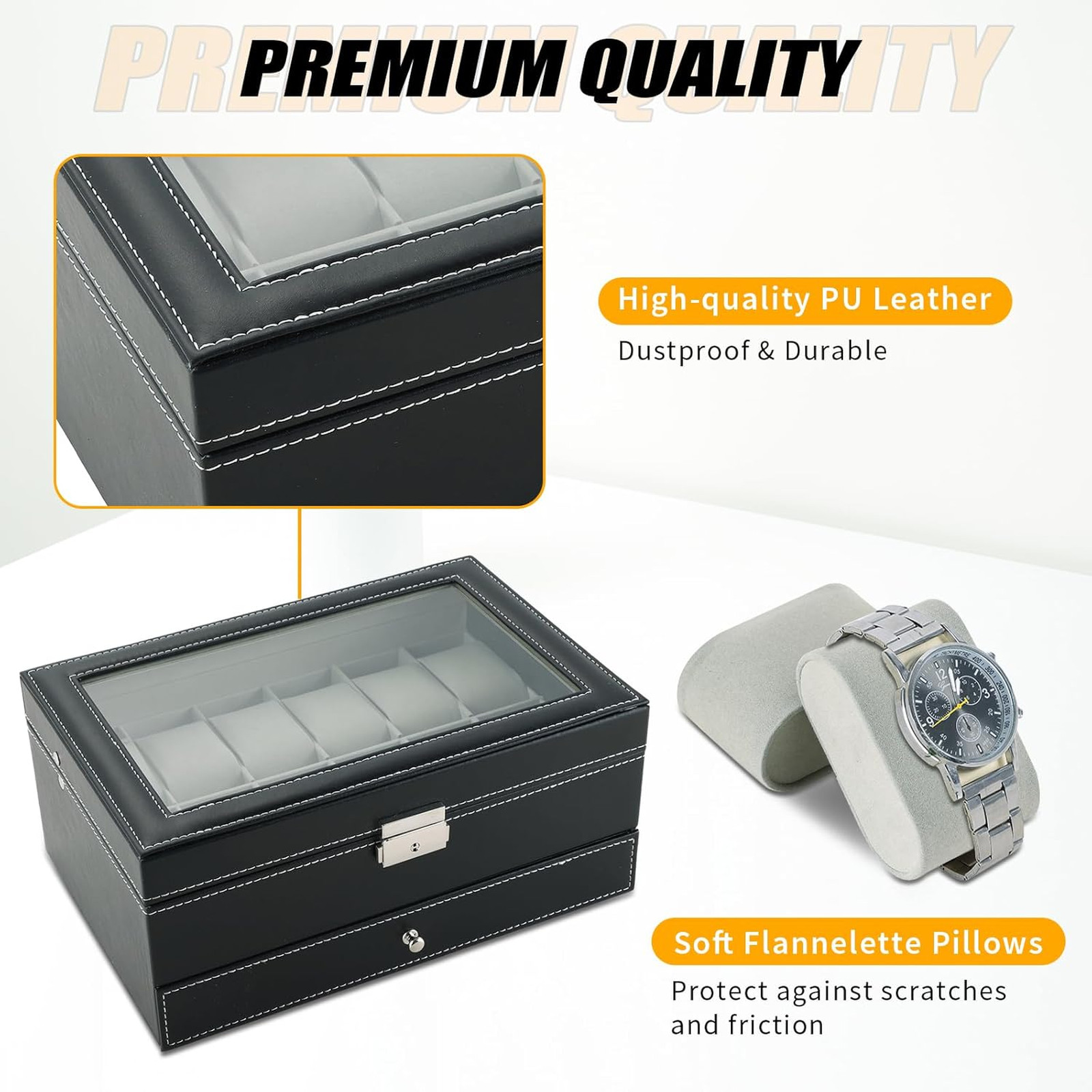 12 Slots Watch Case with Lockable Leather Jewelry Organizer for Women Men, Glass