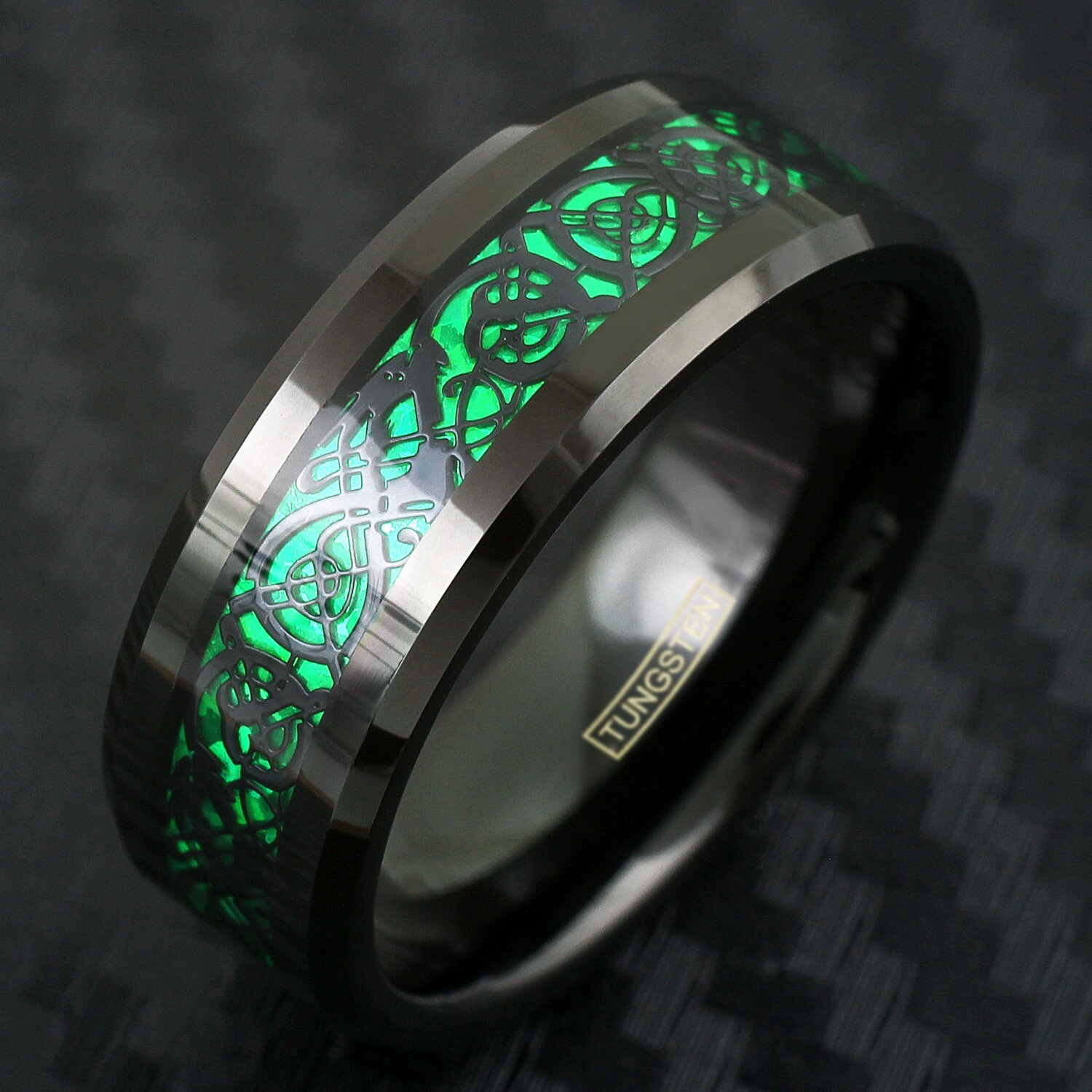 8mm Black Tungsten Carbide Men’s Ring Green Celtic Dragon Wedding Band