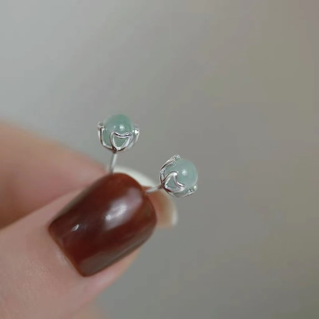 Hetian Jade Stud Earrings | S999 Sterling Silver Posts Dainty Luck Jewelry Gifts