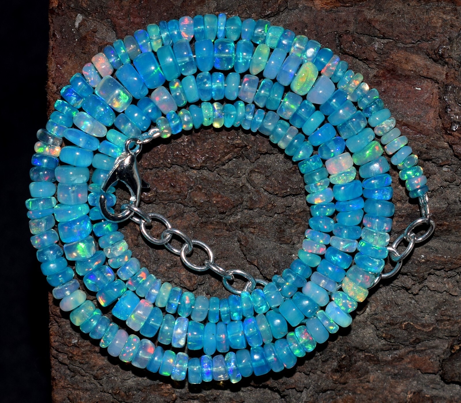 Bead Necklace 16″Natural Ethiopian Blue Opal Wello Fire Opal Gemstone F3991
