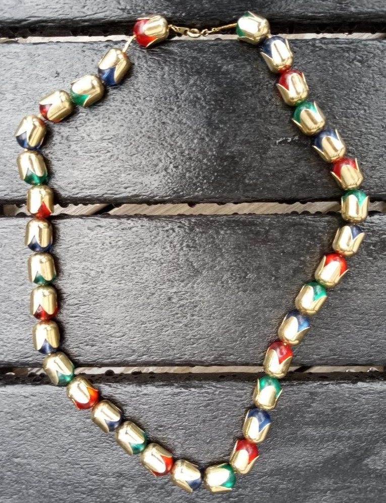 Vintage Gold Tone Red Blue Green Glass Bead Necklace 19″ Modernist Statement
