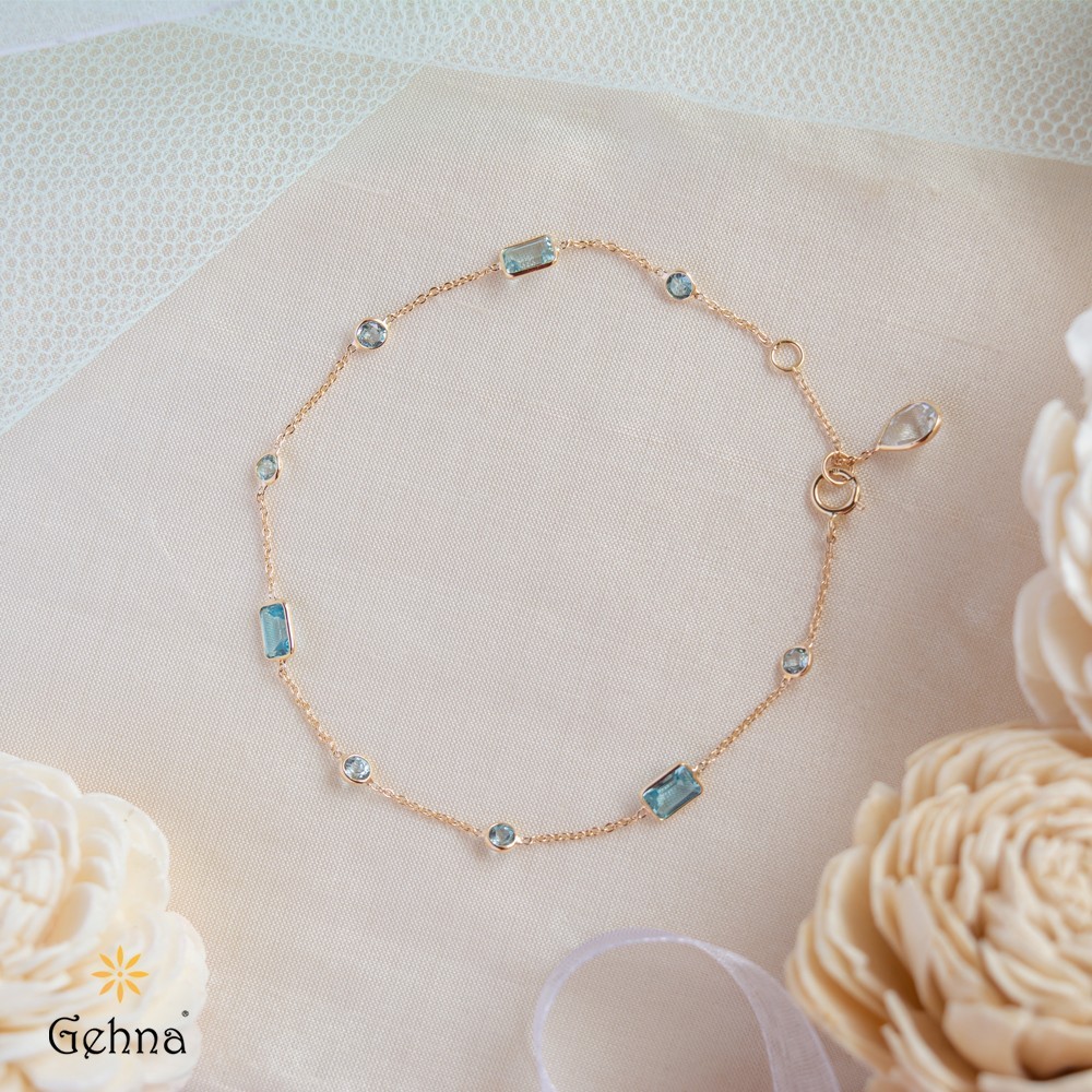 Natural Blue Topaz Aquamarine Quartz Bracelet 14K Yellow Gold