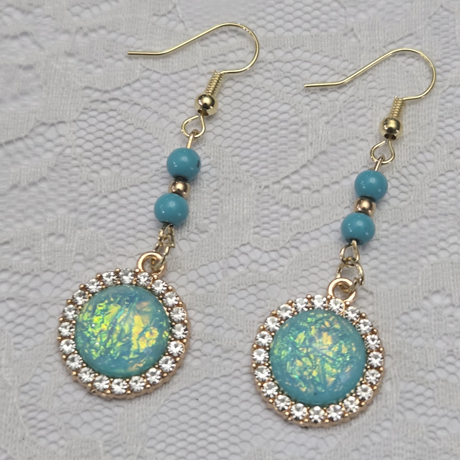 Earrings Gold Blue Beaded Dangle Drop Iridescent Center Glass Hook Fashion