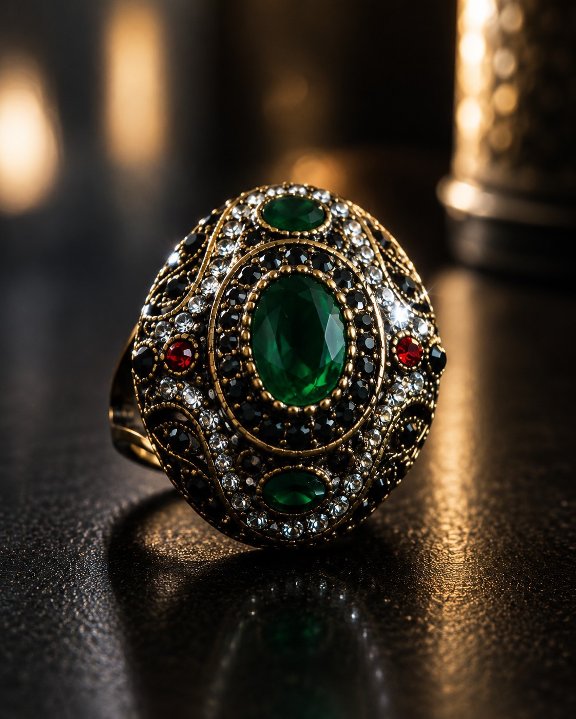 Vintage Gold Tone Emerald Red Black Crystal Statement Ring Size 8 Women’s
