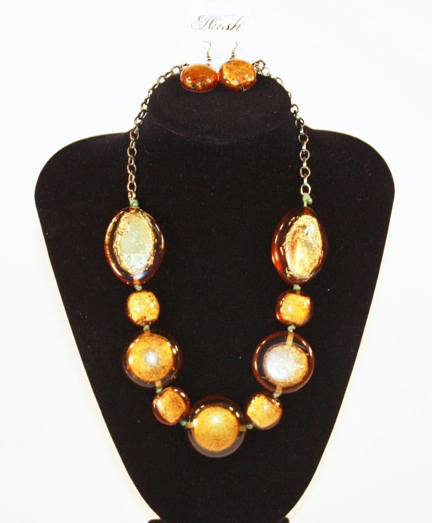 Gold Tone Translucent Stones Necklace & Earring Set Fashion Costume Jewelry jxdk