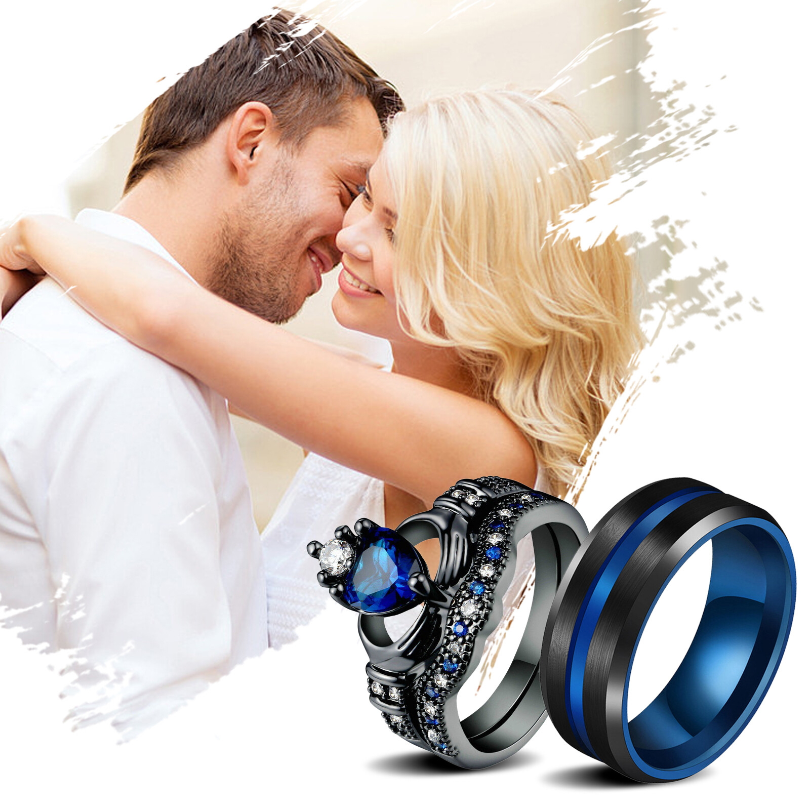 2pcs His&Hers Couple Ring Set Heart Cubic Zirconia Stainless Steel Wedding Band