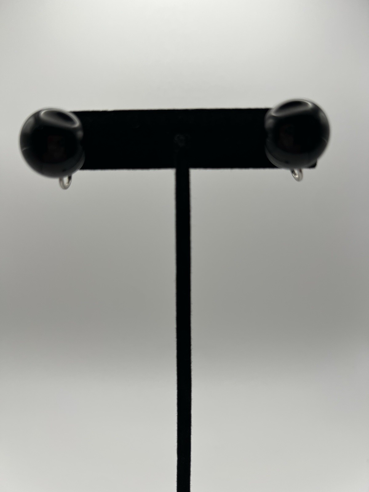 Black Round Stud Earrings Screw Back Closure Silver Tone Glass & Metal