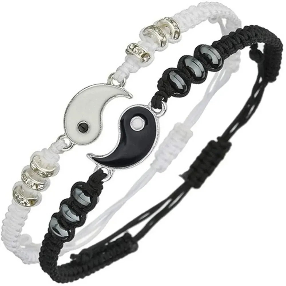 2 PC Jewelry Set Couple Black White Tai Chi Bracelet Rope Adjustable Chain Set S