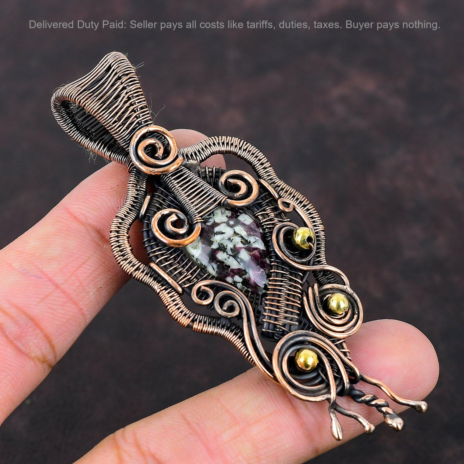 Pear Eudialyte Stone Copper Artisan Wire Wrapped Wife Wedding Pendant Jewelry