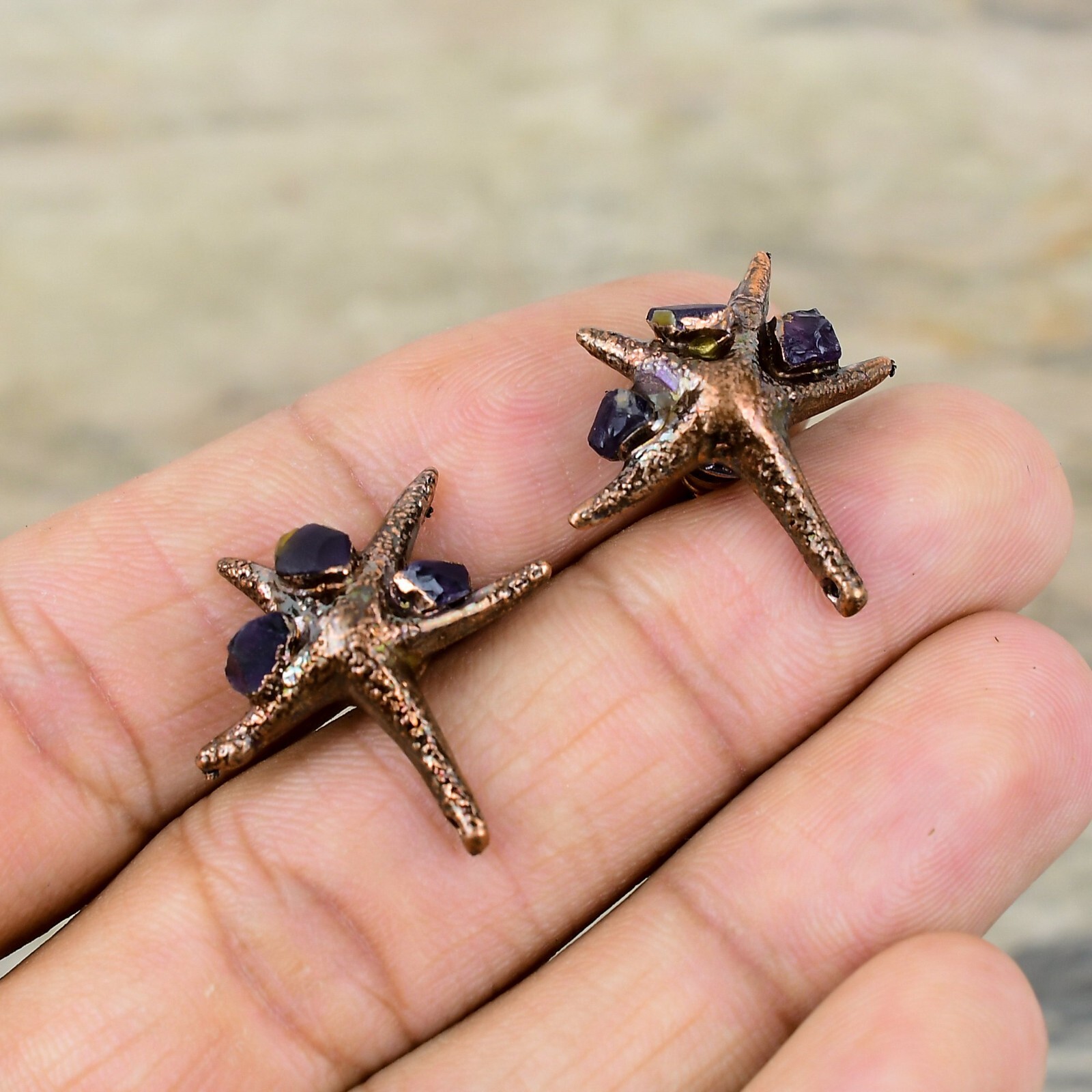 African Amethyst Rough Electroformed Earrings Handcrafted Copper Ethnic 0.98″