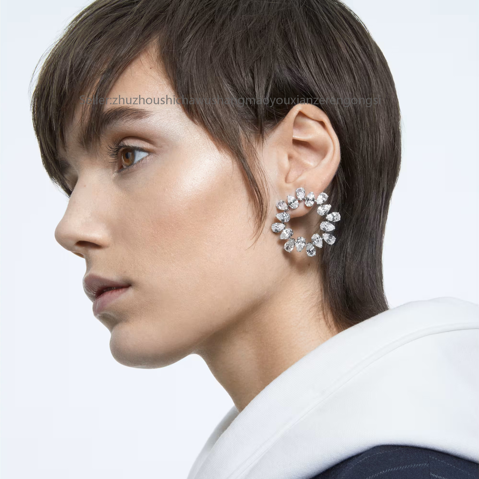 Matrix White Rhodium Plated Hoop Earrings Pear Cut New