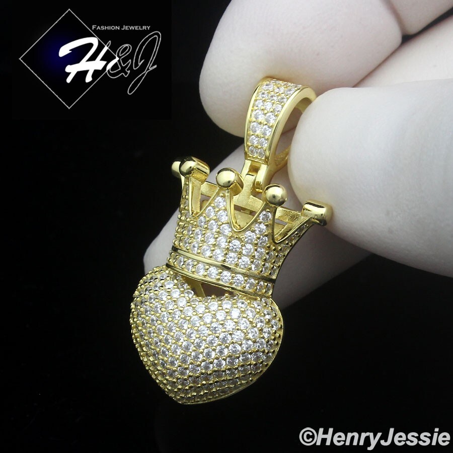 WOMEN 925 STERLING SILVER ICY CZ GOLD PLATED 3D HEART SHAPE CROWN PENDANT*GP491