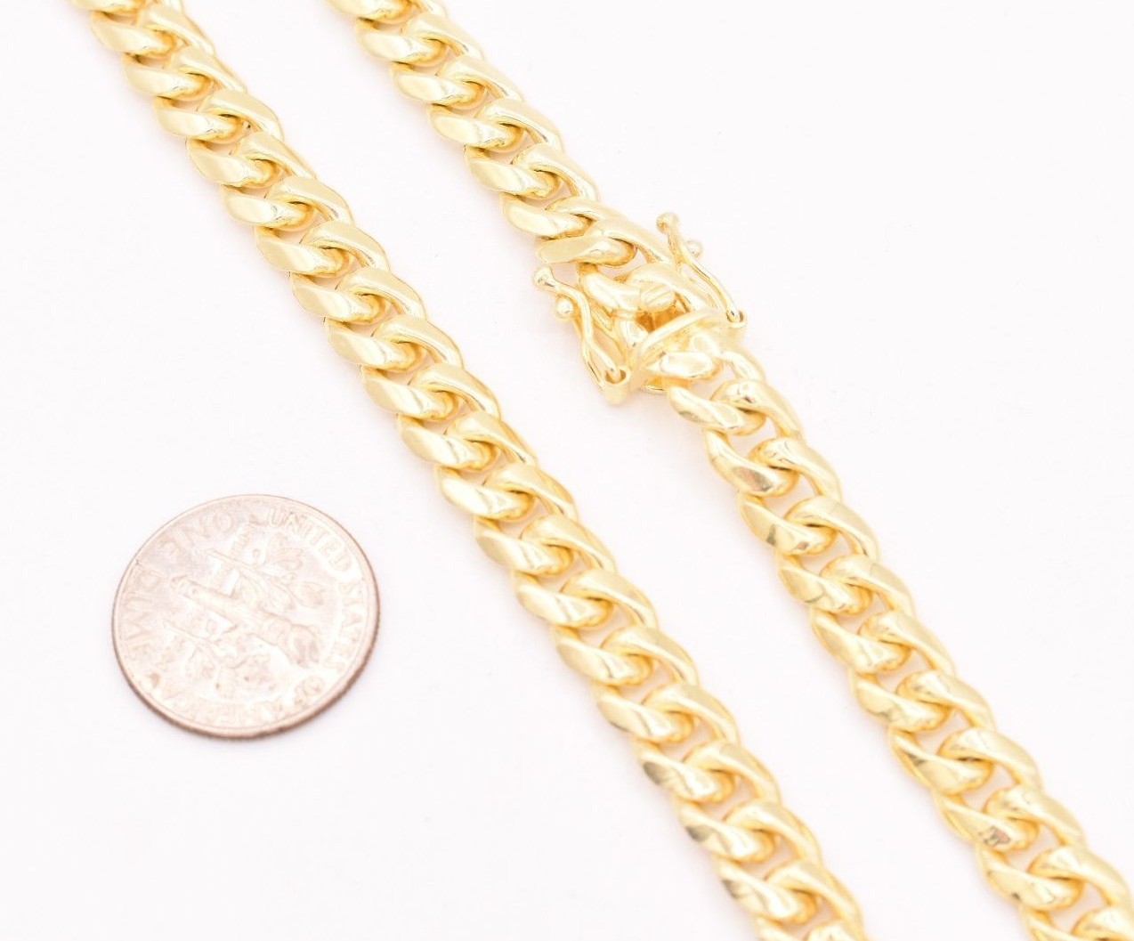 7mm Miami Cuban Box Lock Chain Necklace Solid 14K Yellow Gold-Plated Silver 925