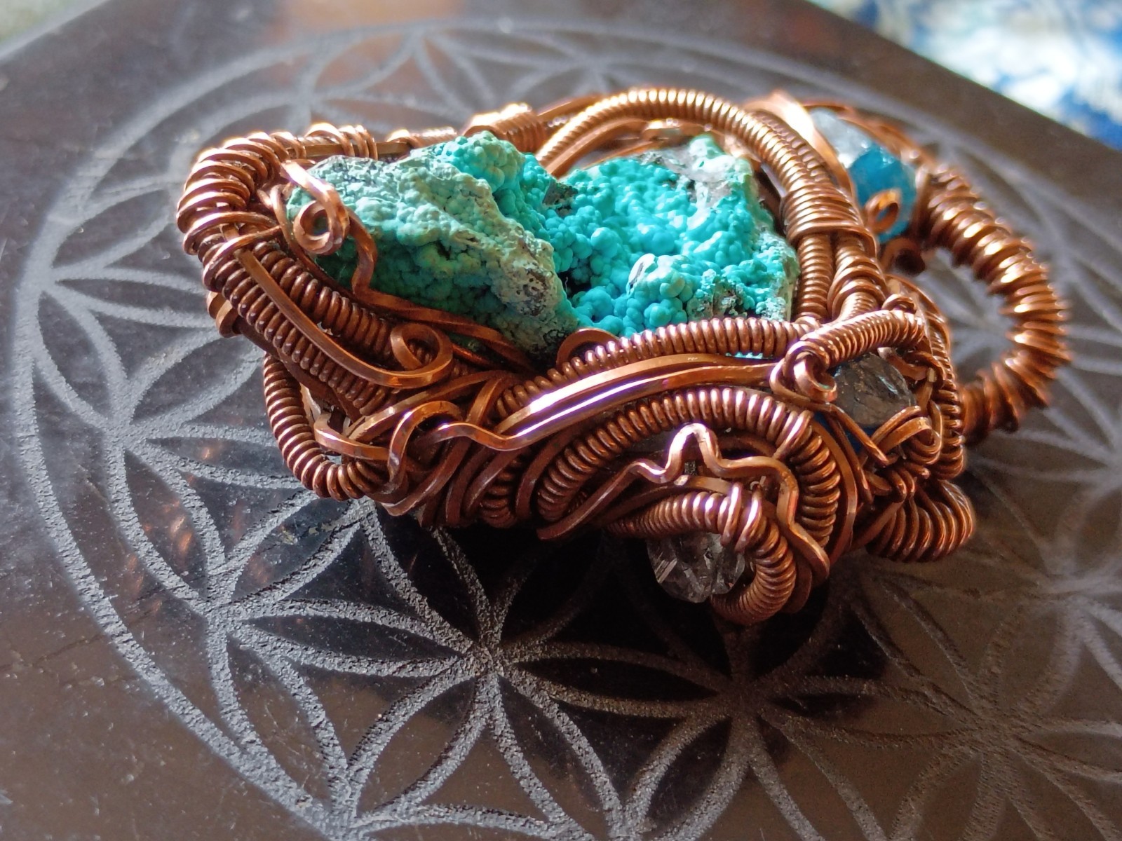 Handcrafted Wire Wrapped Natural Chrysocolla Apatite Copper Amulet Pendant