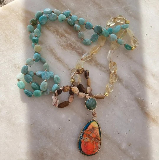 Amazonite Citrine And Picture Jasper Beads Necklace Colourful Teardrop Pendant