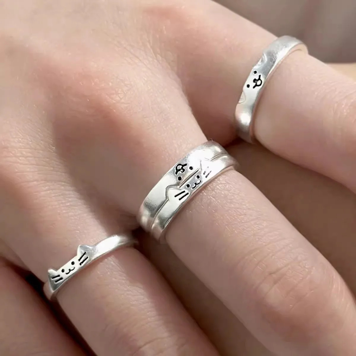 2pcs Cute Cat Dog Animal Couple Ring for Women Men Lover Rings Jewelry