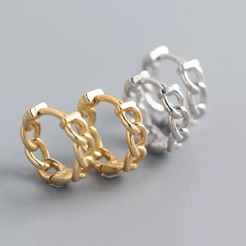 925 Silver Chain Link Huggie Hoop Earrings Vintage Unisex Geometric Earrings A62