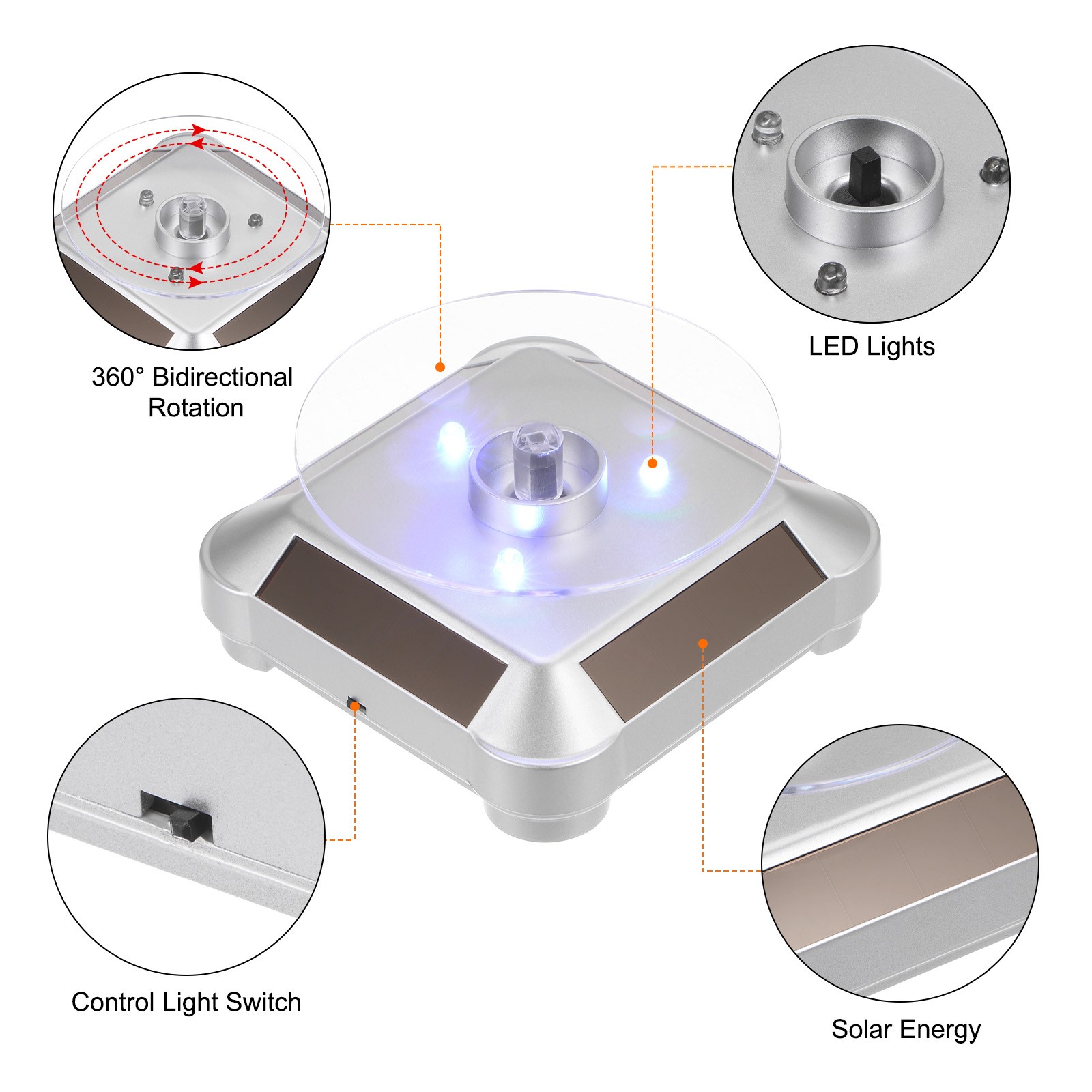 2pcs Solar Display Stand Turntable 360°Rotating Double Use LED Light Silver Tone