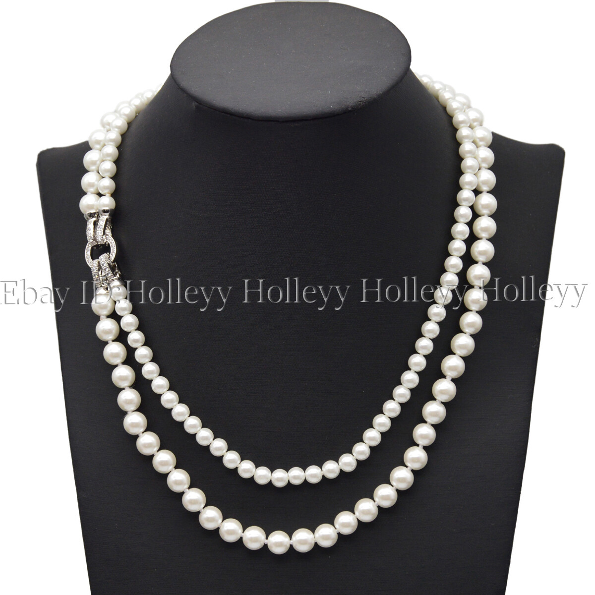 2 Rows 6mm 8mm Round White South Sea Shell Pearl Faux Pearl Necklace 18-20”