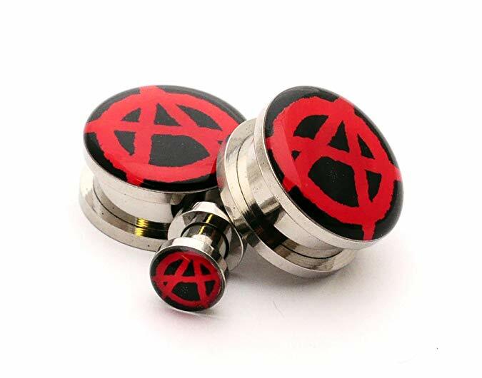 Pair of Screw on Anarchy Picture Plugs gauges 16g thru 1 inch