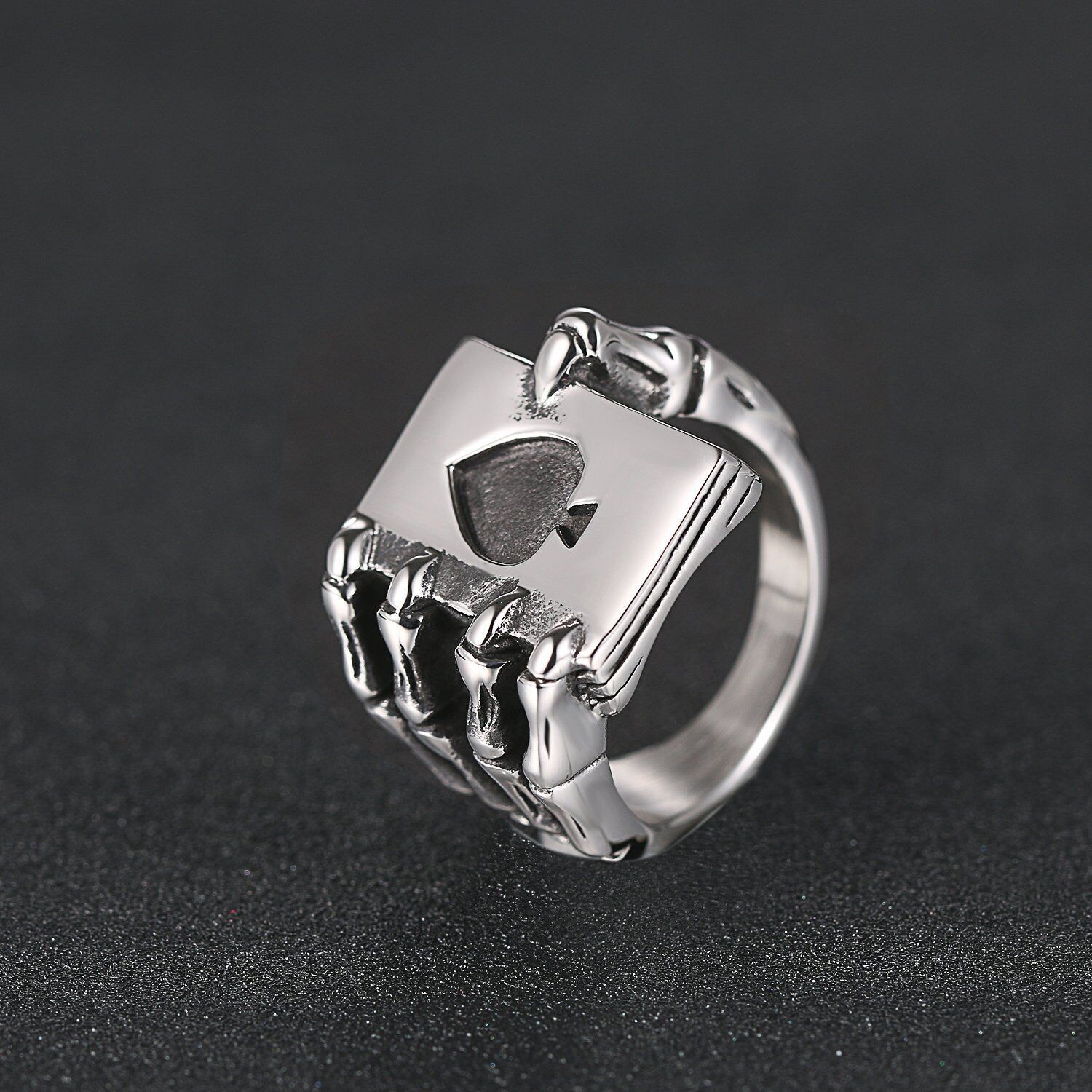 Men’s Punk Gothic Biker Skeleton Skull Playing Card Ring Stainless Steel Band US