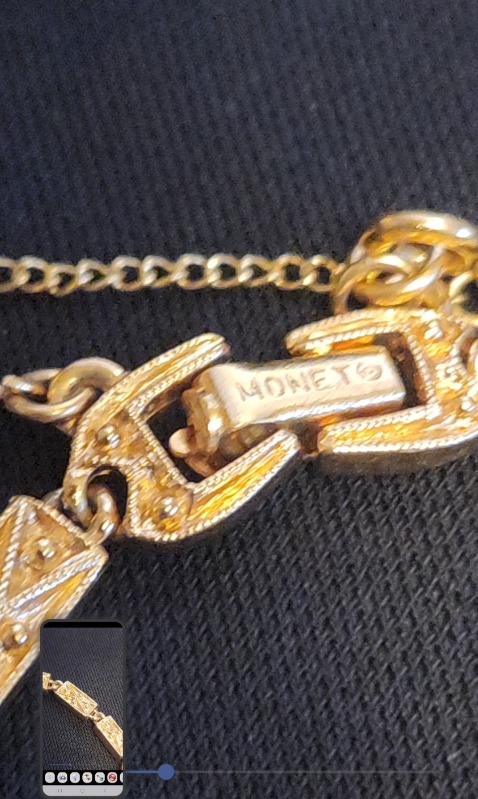 Monet Gold tone Rectangular Bar Etched Bracelet w/Safety Chain