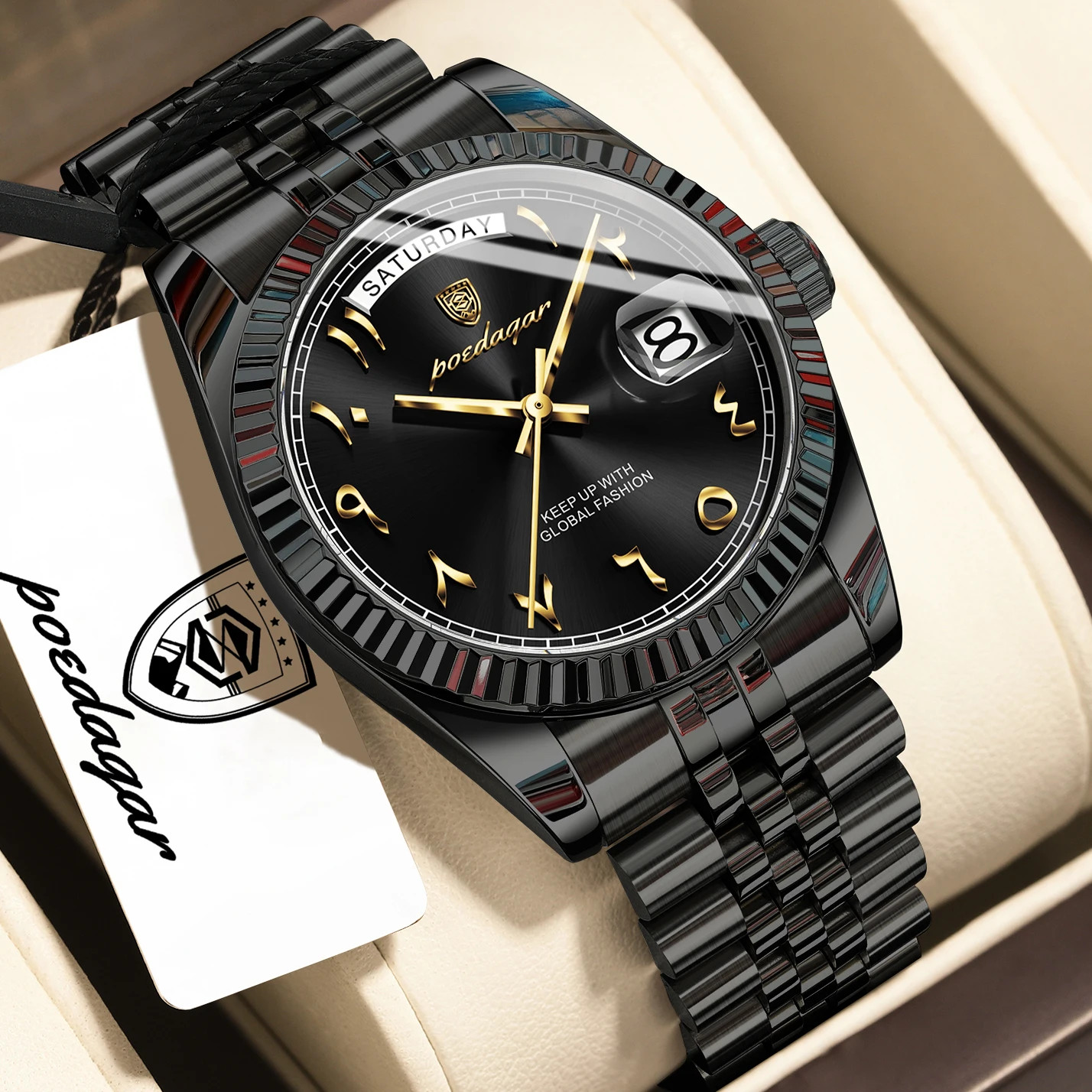 Stainless Steel Waterproof Quartz Watches For Mens Arabic Numerals POEDAGAR