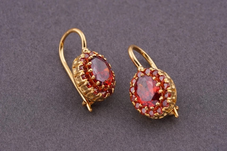 Oval Cut Lab Created Red Ruby Women’s Drop Dangle Earring 14k Yellow Gold Plated