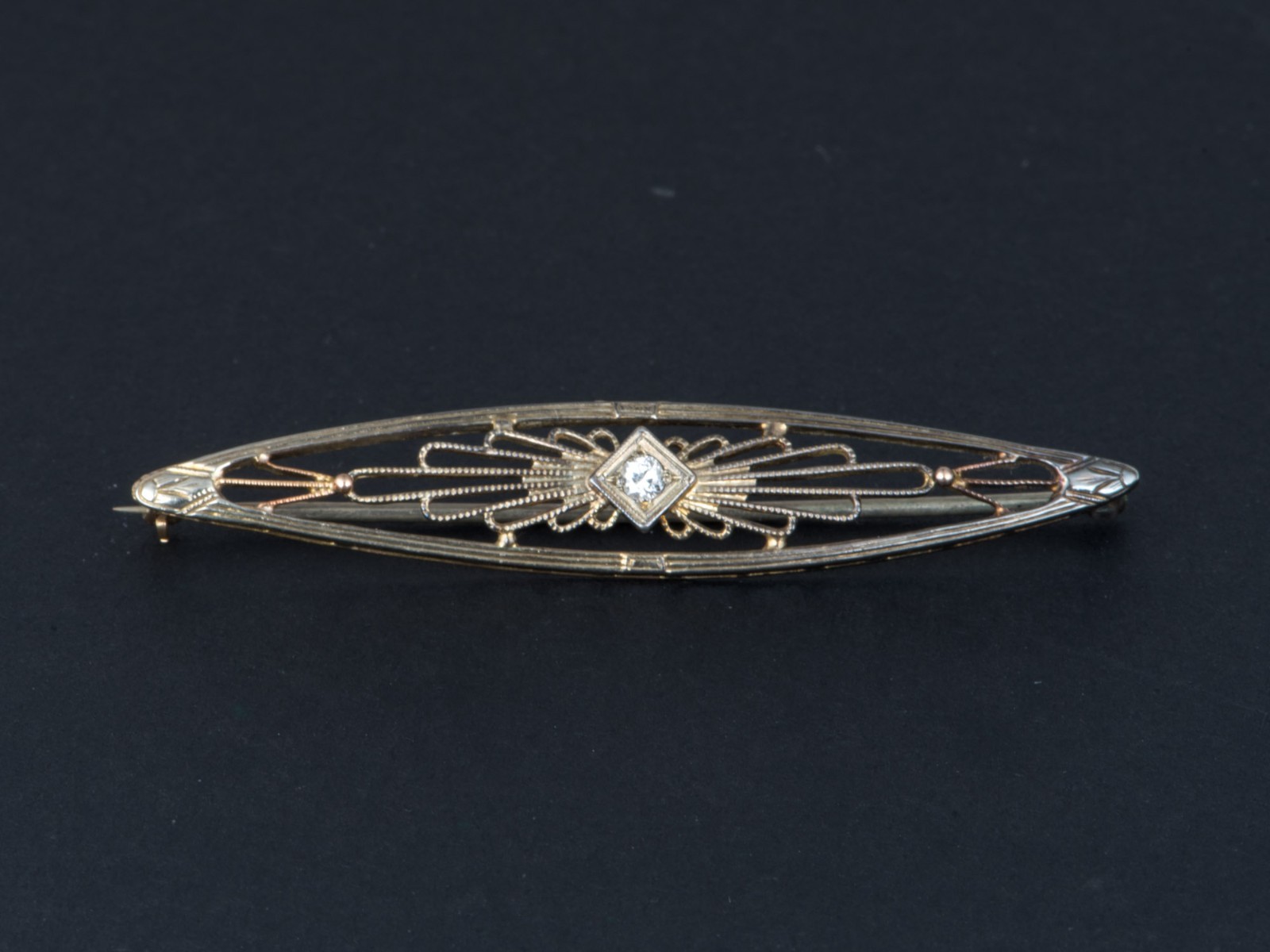 14K Gold Vintage Art Deco Filigree Bar Pin with Diamond Brooch Long Elongated