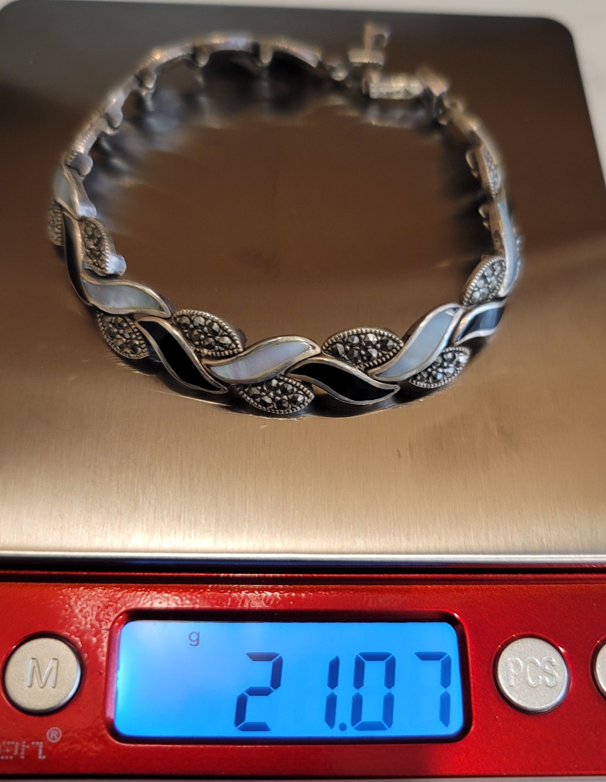 Vintage Stg Silver Art Deco Style Bracelet – Mother of Pearl Onyx Marcasite 21g